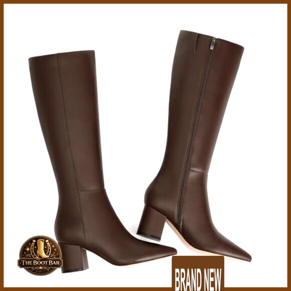 Knee High Boots Chunky Heel Pointed Toe Side Zipper Elegant Minimal Chic - Picture 5 of 7